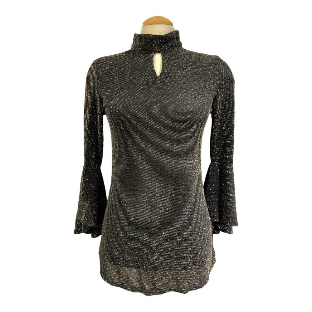 Metallic Top Sz Small Mock T Neck Keyhole Coppery Gold Shimmer